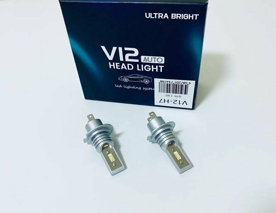 Светодиодные LED лампы V12, 12-24В, 60Вт, 5500К, цоколь Н7, комплект 2шт