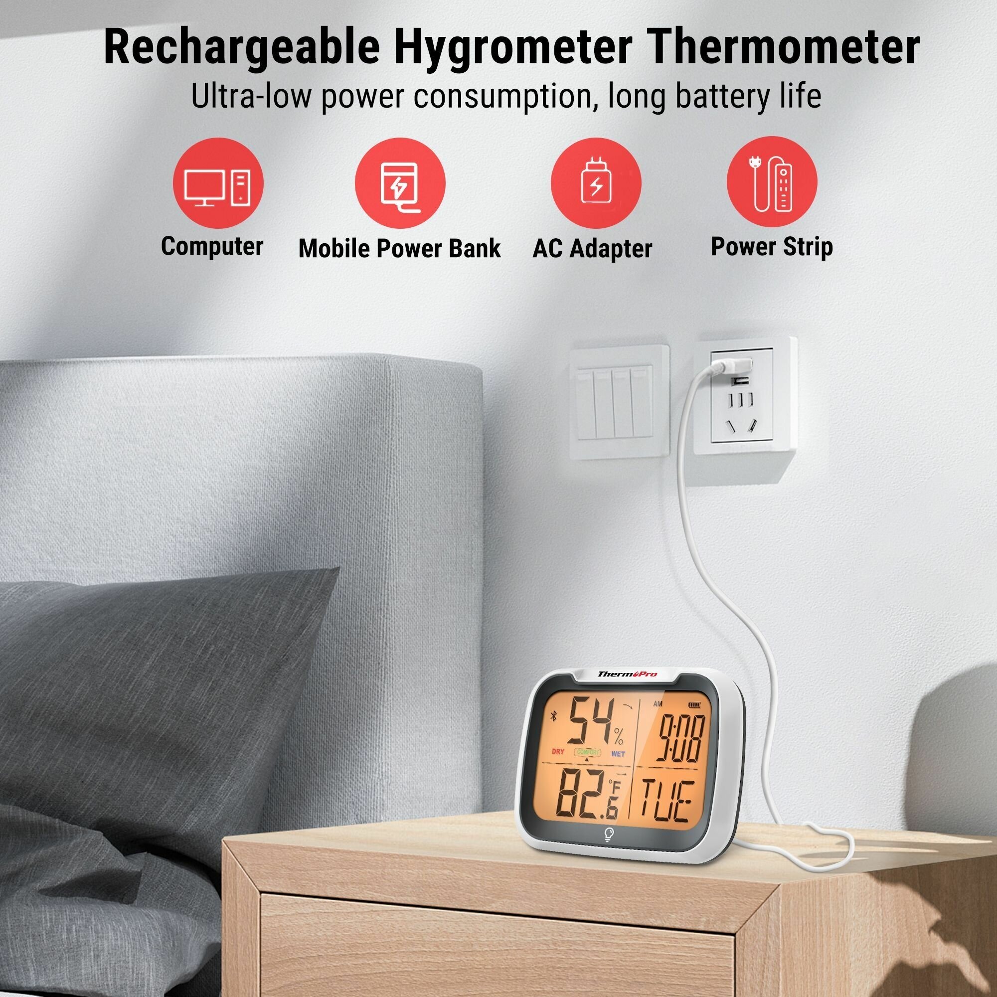 Домашний беспроводной цифровой Bluetooth термометр-гигрометр ThermoPro TP393 с большой подсветкой, с датой и часами - фотография № 6
