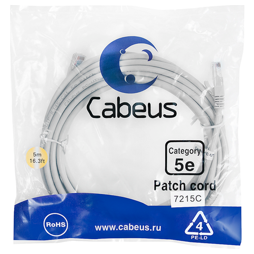 Cabeus PC-UTP-RJ45-Cat.5e-5m Патч-корд U/UTP, категория 5е, 2xRJ45/8p8c, неэкранированный, серый, PVC, 5м (PC-UTP-RJ45-Cat.5e-5m) патч корд utp cat 5e cablexpert pp12 1 5m v 1 5m