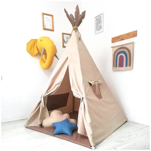 фото Детский хлопковый вигвам "russia eco store" / палатка детская игровая / домик для детей / шалаш из хлопка для детей / хлопковая палатка игровая детская, бежевая / вигвам детский с ковриком и подушками облачко и звездочка в комплекте / индейская палатка