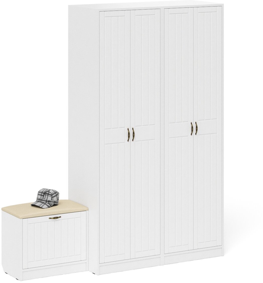 Два шкафа с дверками и обувница с сиденьем П-6, цвет белая шагрень/фасады МДФ белое дерево фрезеровка прованс, ШхГхВ 180х50х210 см.