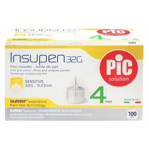 Игла для шприц-ручек Pic solution Insupen, 4 мм x 0.23 мм, размер: 32G, 100 шт.