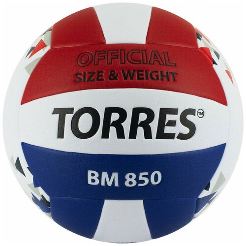 фото Мяч волейбольный "torres bm850" арт.v32025, р.5, синт. кожа (пу), клееный, бут. кам., бел-син-крас