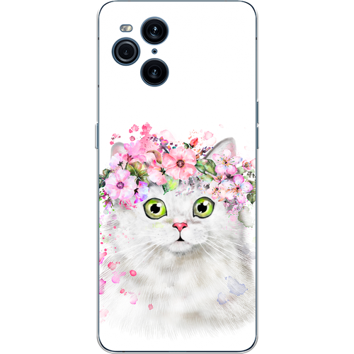 Силиконовый чехол на Oppo Find X3 Pro / Оппо Файнд X3 Про Белая кошка с цветами