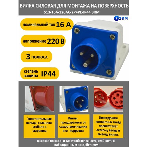 Вилка силовая для монтажа на поверхность 513-16А-220AC-2P+PE-IP44 ЭКМ