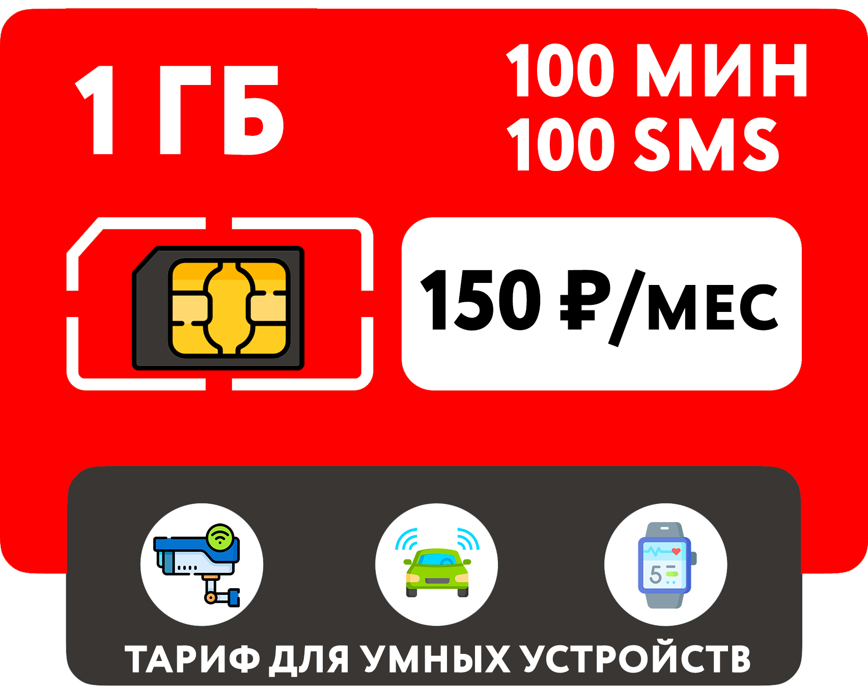 SIM-карта 1 гб интернета 100 мин 100 sms за 150 руб/мес для умных устройств (Москва Московская область Россия)