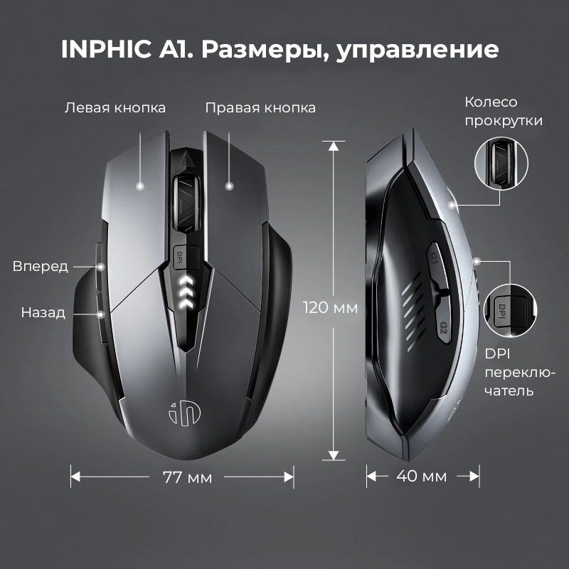 Беспроводная оптическая мышь Inphic A1 с аккумулятором 500 мА/ч, серая — фото 1