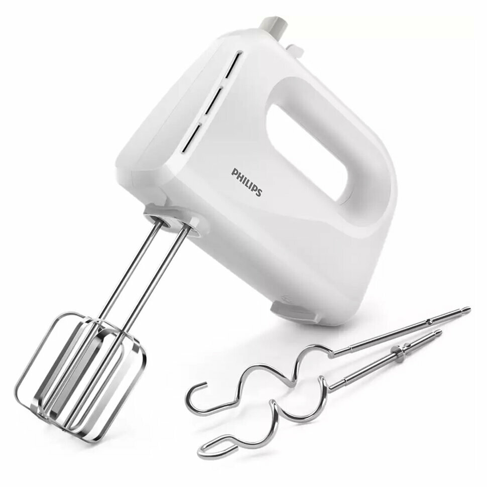 PHILIPS HR3705/00, 300 Вт, 5 скоростей, 2 венчика, 2 крюка для теста, белый, 456936