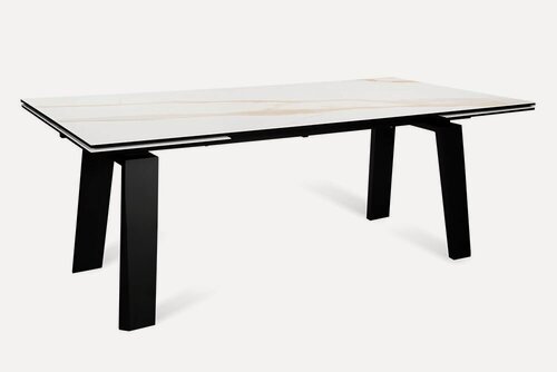 Изображение товара Стол обеденный керамический раздвижной PANAMA 200 GOLDEN WAY CER на металлокаркасе, столешница керамика, 200(300)х100 см (бело-золотой мрамор/черные ножки)