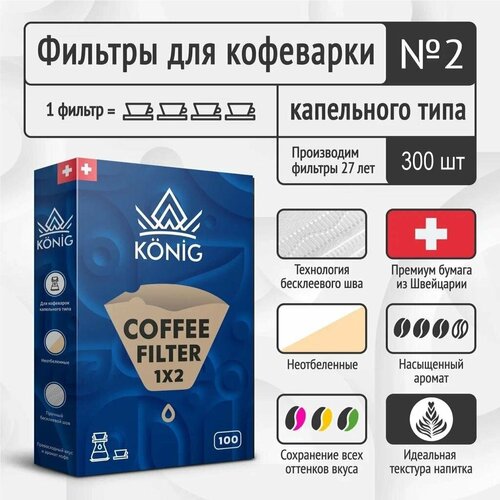 Фильтры бумажные для кофе, кофеварок, кофемашин неотбеленные KONIG №2 300 шт.