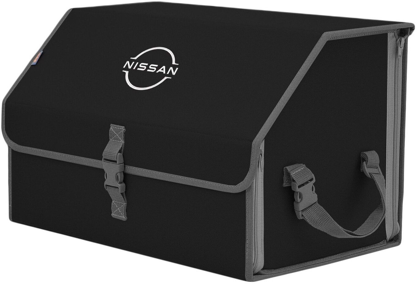 Органайзер-саквояж в багажник "Союз" (размер L). Цвет: черный с серой окантовкой и вышивкой Nissan (Ниссан).