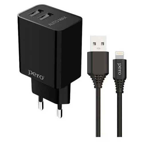 Сетевое зарядное устройство PERO TC02, 2 USB, 2.1 А, кабель Lightning, черное