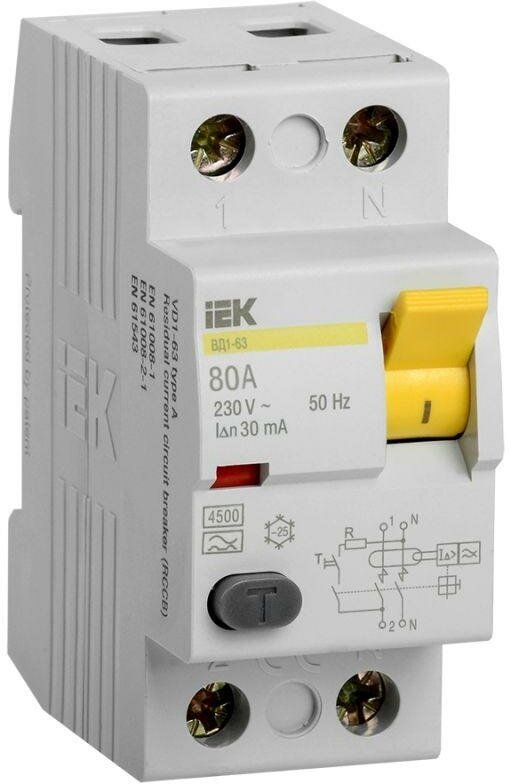 Выключатель дифференциального тока (УЗО) 2п 80А 30мА тип AC ВД1-63 | код MDV10-2-080-030 | IEK (2шт. в упак.)