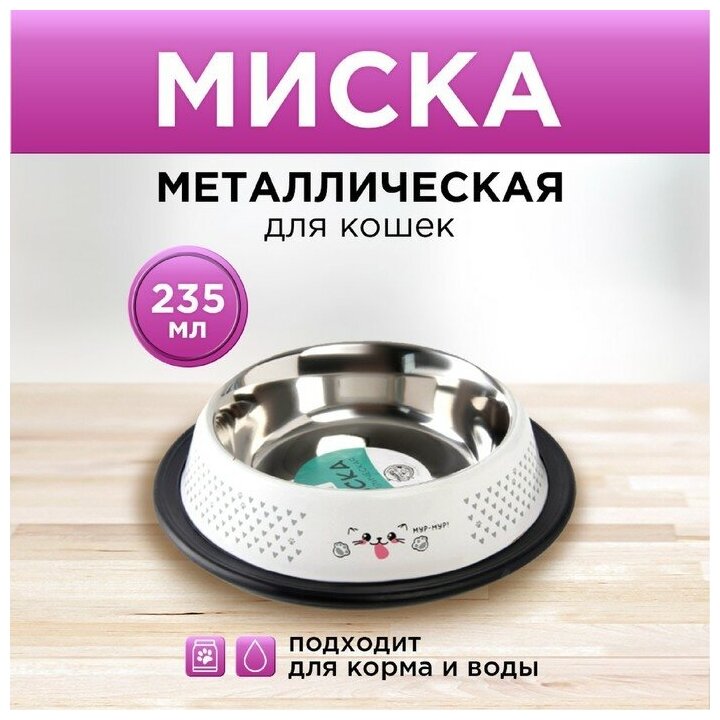 Миска металлическая для кошки с нескользящим основанием «Мур-мур!», 235 мл, 15х3.5 см