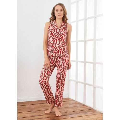 Пижама Relax Mode, рубашка, брюки, короткий рукав, размер 48, красный, белый