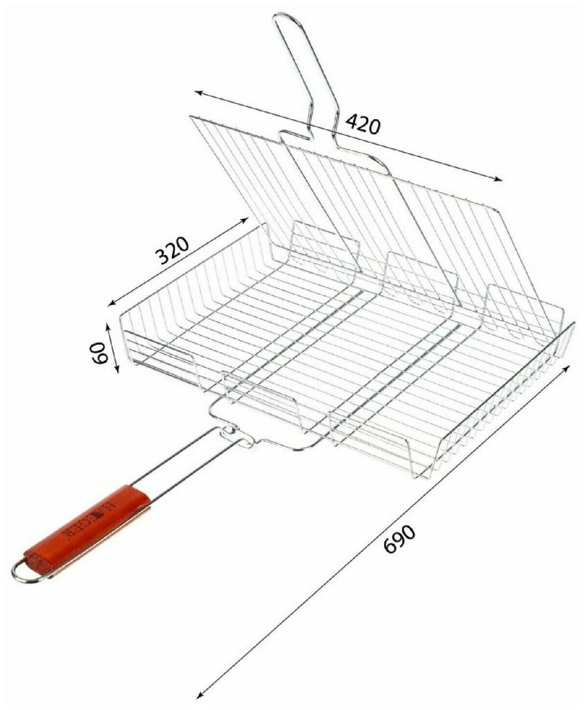 Решетка для гриля и барбекю стальная большая на пикник на мангал 42 х 32 х 6 см с деревянной ручкой решётка для мангала