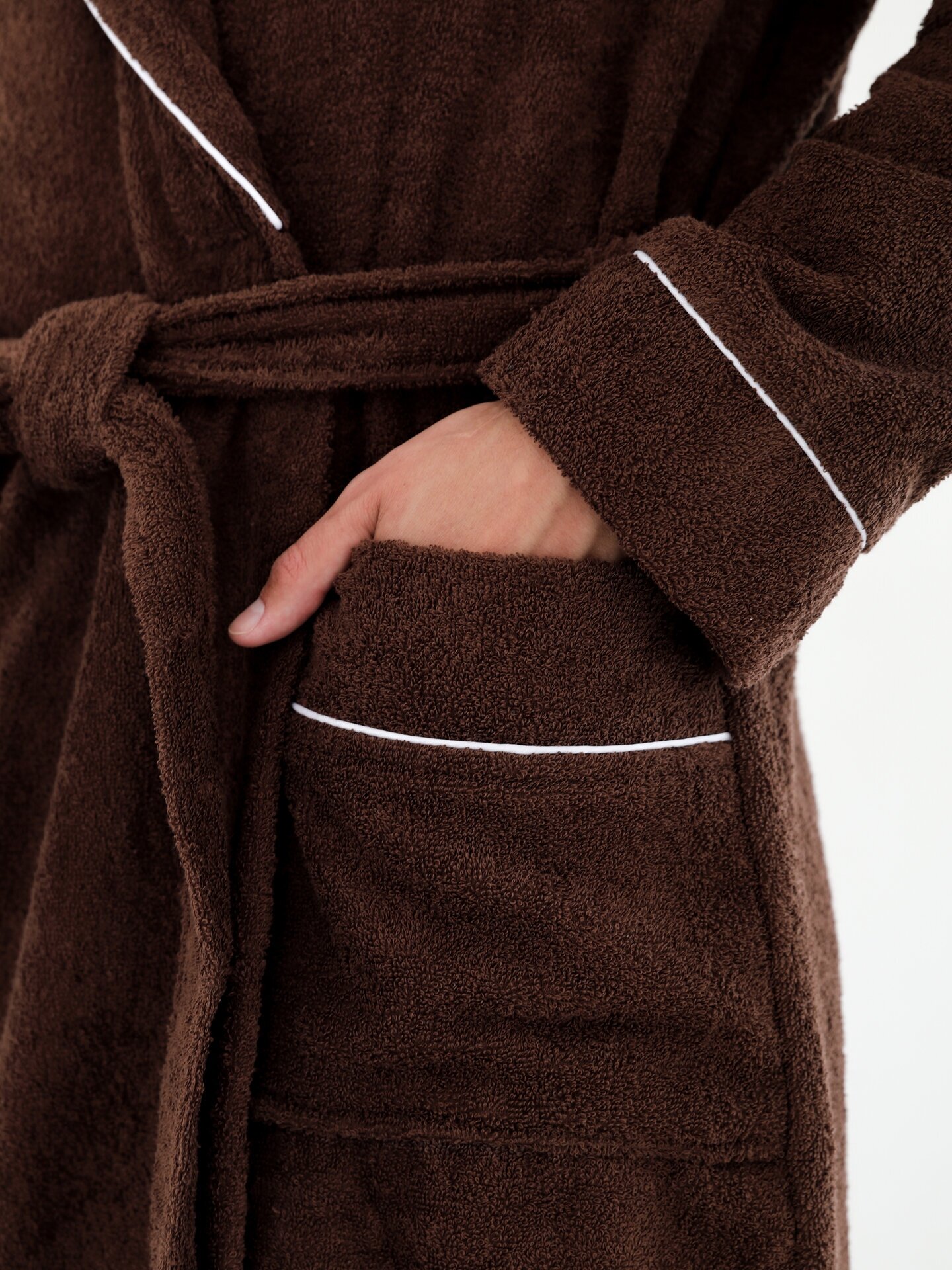 Халат махровый Everliness мужской шалька+кант, цвет шоколад, размер 56 - фотография № 5