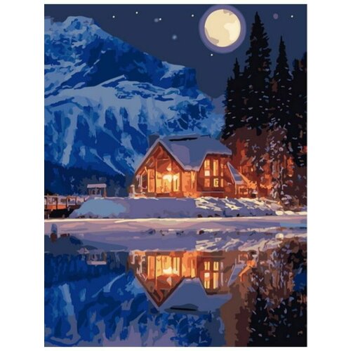 Картина по номерам 40х50, Полнолуние. Дом на заснеженном озере в горах, холст на подрамнике, акриловые краски