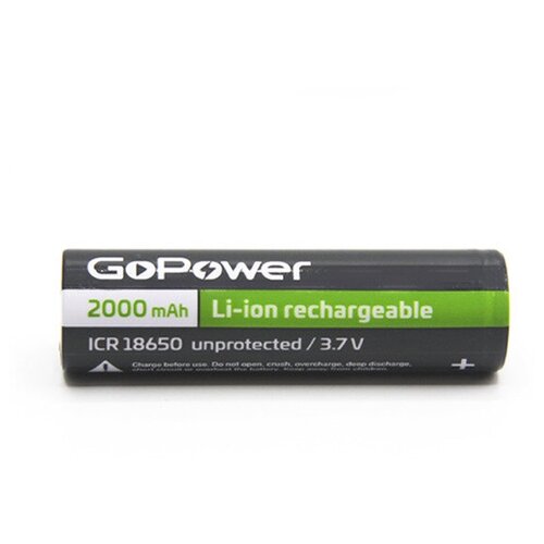 Аккумулятор Li-Ion 2000 мА·ч 3.7 В GoPower ICR18650, в упаковке: 1 шт. аккумулятор li ion 3200 ма·ч 3 6 в panasonic ncr18650bd в упаковке 1 шт