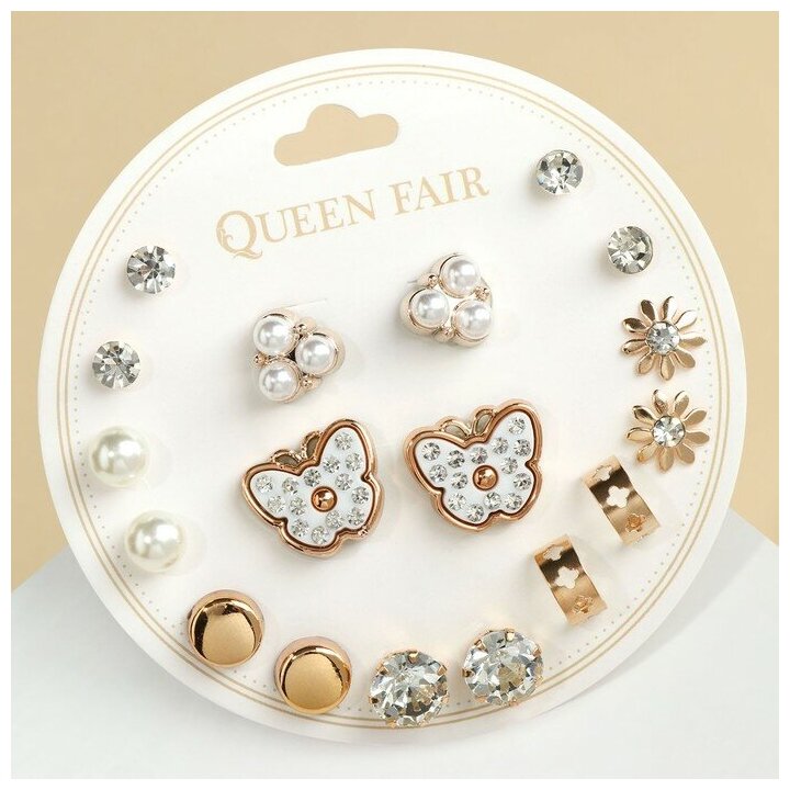 фото Пусеты 9 пар "Юность" бабочки и жемчужины, цвет белый в золоте