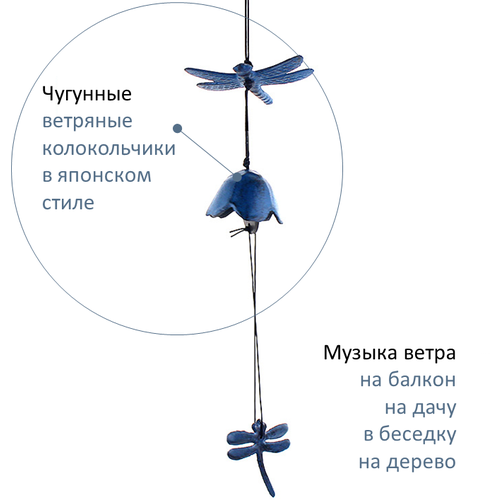 Колокольчик ветряной для дачи и сада металл стрекоза синий