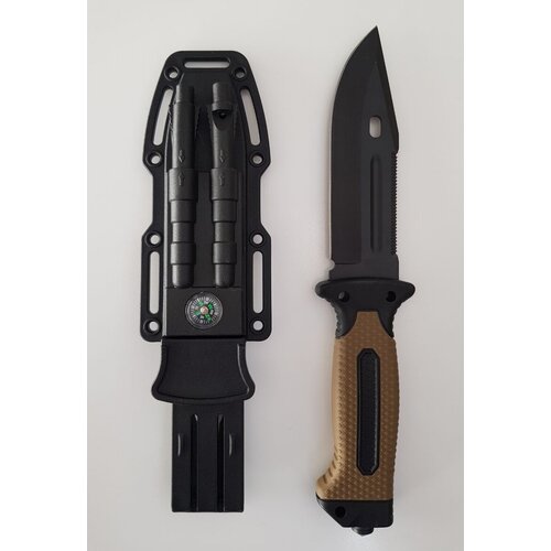 Нож туристический мод. 4038, коричневый (ножны, компас, огниво, свисток, точилка, стеклобой)