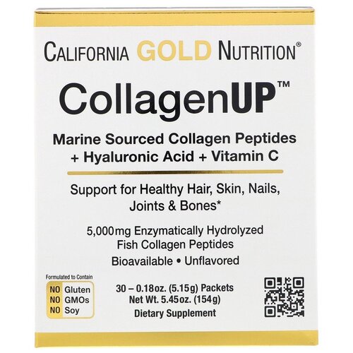California Gold Nutrition, CollagenUP, морской коллаген с гиалуроновой кислотой и витамином C, без добавок, 30 пакетиков по 5,16 г