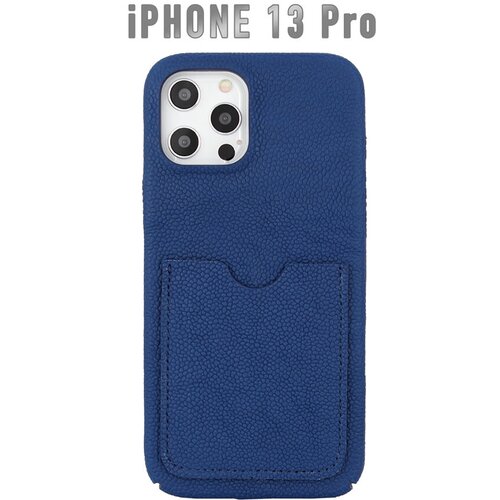 Чехол для IPhone 13 Pro с карманом для карты из натурально телячьей синей кожи