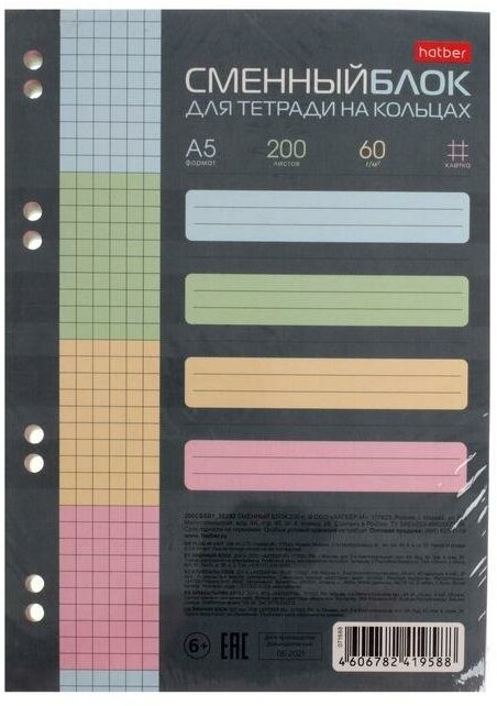 Hatber Сменный блок для тетрадей на 4-х кольцах А5, 200 листов в клетку, индивидуальная упаковка, тонированный блок, 4 цвета