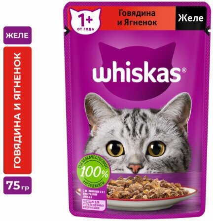 Корм консервированный для взрослых кошек WHISKAS желе с говядиной и ягненком, 75г, 24 упаковки. - фотография № 2