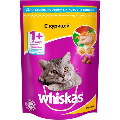 WHISKAS для взрослых кастрированных котов и стерилизованных кошек с курицей (0,35 кг х 9 шт)