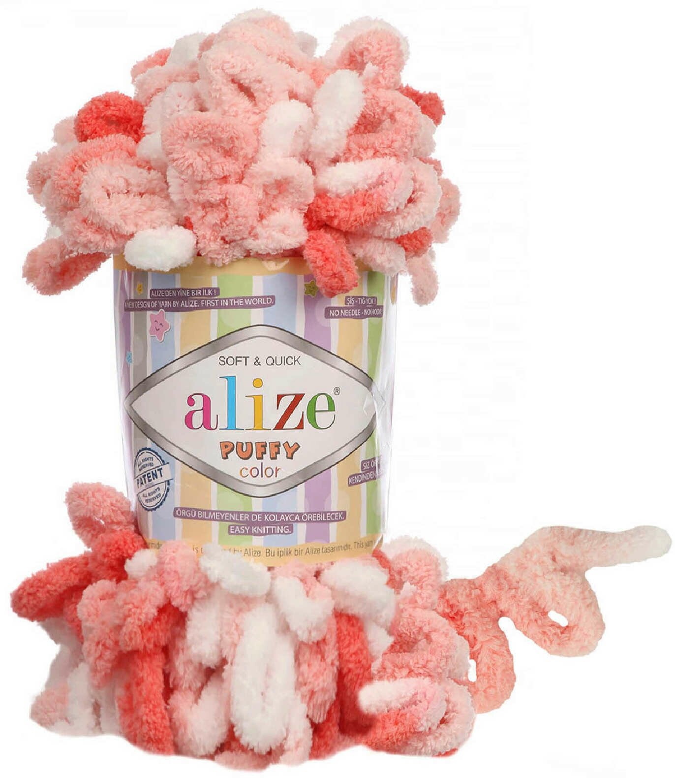 Пряжа Alize Puffy color белый-коралл (5922), 100%микрополиэстер, 9м, 100г, 1шт