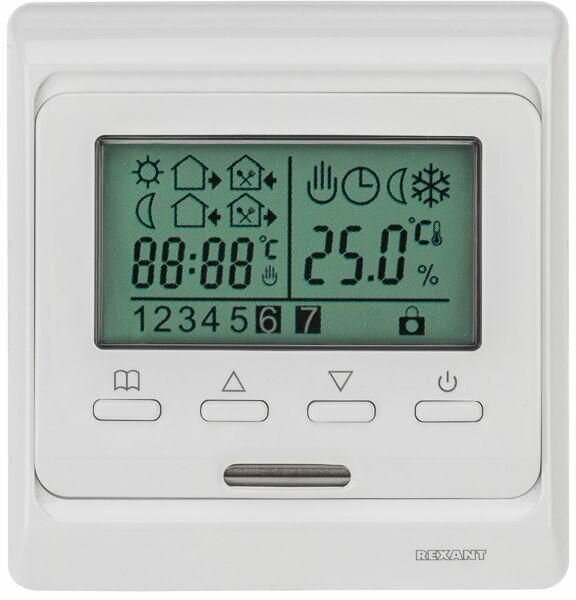 Термостат программируемый R51XT (HW-500; RTC 51.716; ST-16; ETT-1) 3.6кВт 16А для теплых полов датчик пола; датчик воздуха бел. Rexant 51-0532