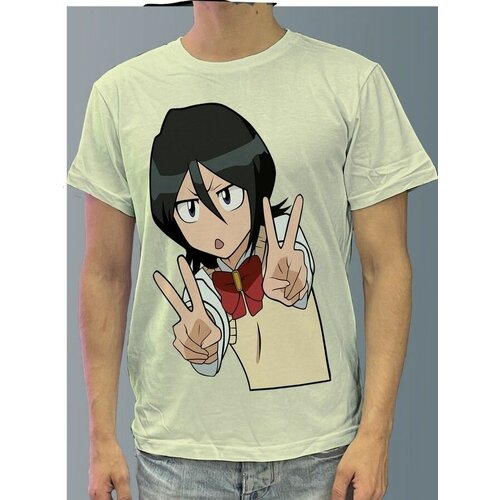 фото Футболка мужская белая молочный оттенок из хлопка с dtf рисунком аниме блич - 1038 будь на стиле