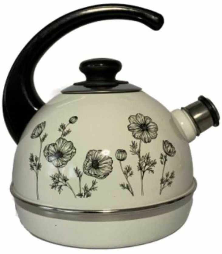 фото Чайник сталь, эмал, 3.5 л, свист, руч консоль, Рубин, Черная космея, бел, T04/35/03/41