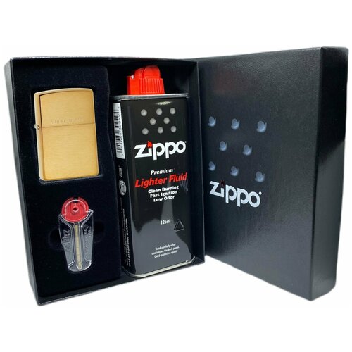 Подарочный набор ZIPPO ( Зажигалка ZIPPO 204, золотистая, с покрытием Brushed Brass + кремни + топливо, 125 мл )