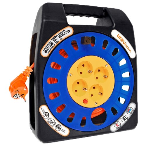 фото Удлинитель на катушке силовой universal 4 розетки 30м 9633877 16а ip20 с/з