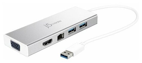 Концентратор j5create USB 3.0 Mini Dock. Интерфейс: USB 3.0. Порты: USB 3.0 x 2, VGA-DB 15 pin, HDMI, Gigabit Ethernet, USB Micro B
