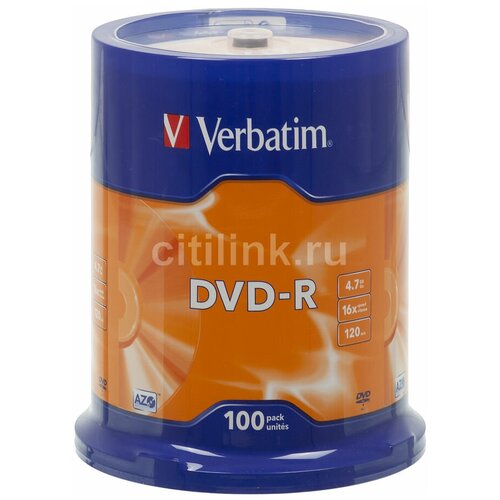 Оптический диск DVD-R VERBATIM 4.7Гб 16x, 100шт, cake box [43549] диск dvd r verbatim 4 7gb 16x cake box 25шт 43730