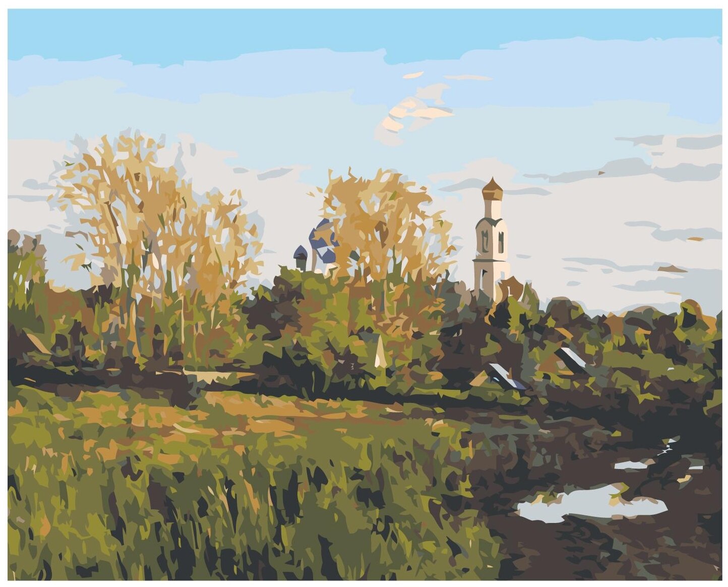 Пейзаж с церковью Раскраска картина по номерам на холсте