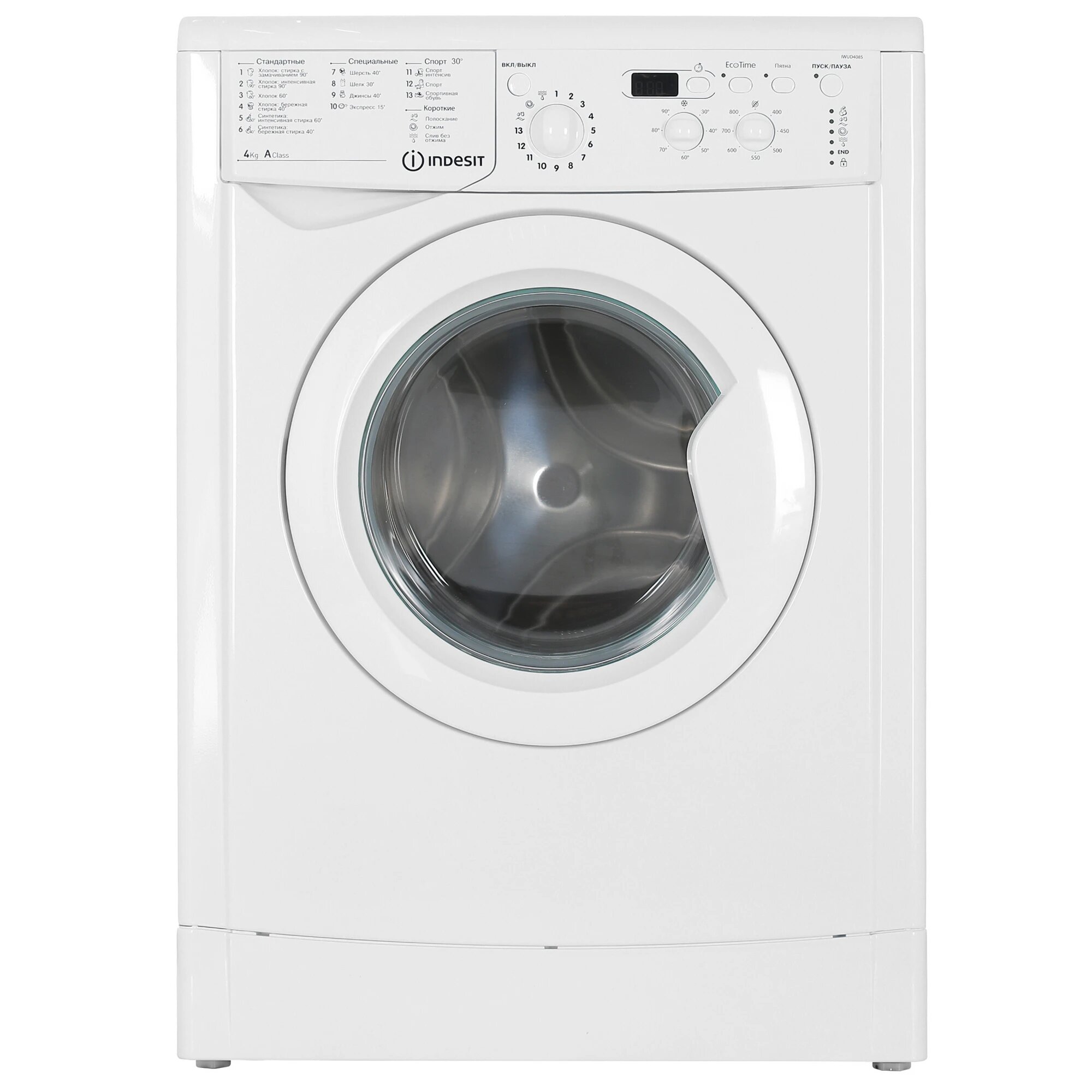 Стиральная машина Indesit IWUD 4085 (CIS) белый, фронтальная, загрузка 4 кг, 16 программ, нержавеющая сталь