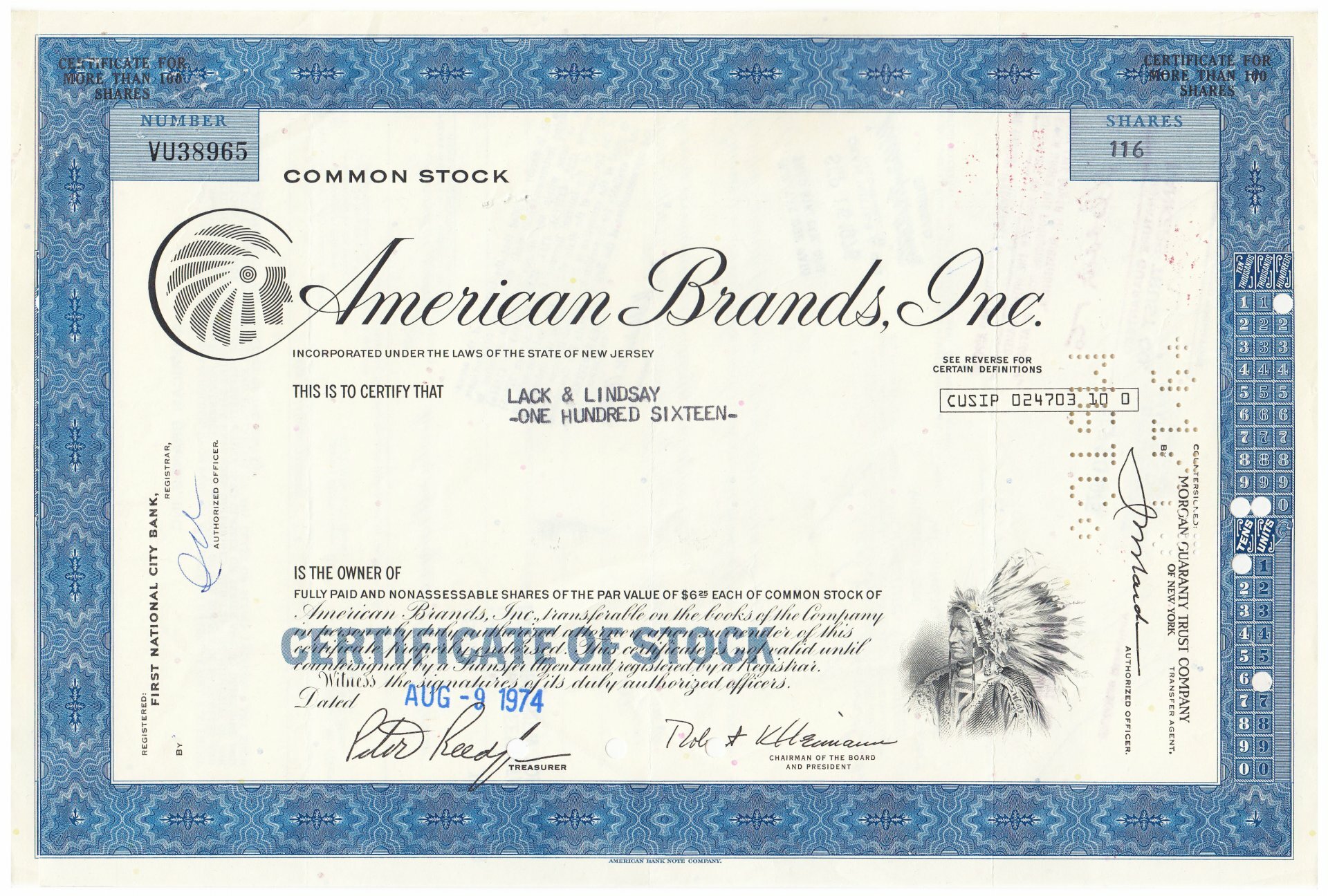 Акция США American Brands, Inc 1972- 1976 гг