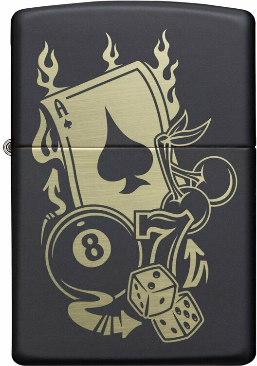 Оригинальная Зажигалка ZIPPO Gambling Design с покрытием Black Matte латунь/сталь чёрная матовая 36x12x56 мм