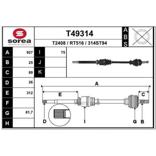 T49314_привод правый! 927mm ABS\\ Renault Megane 1.6 16V 08>/Scenic/Grand 09> EAI T49314