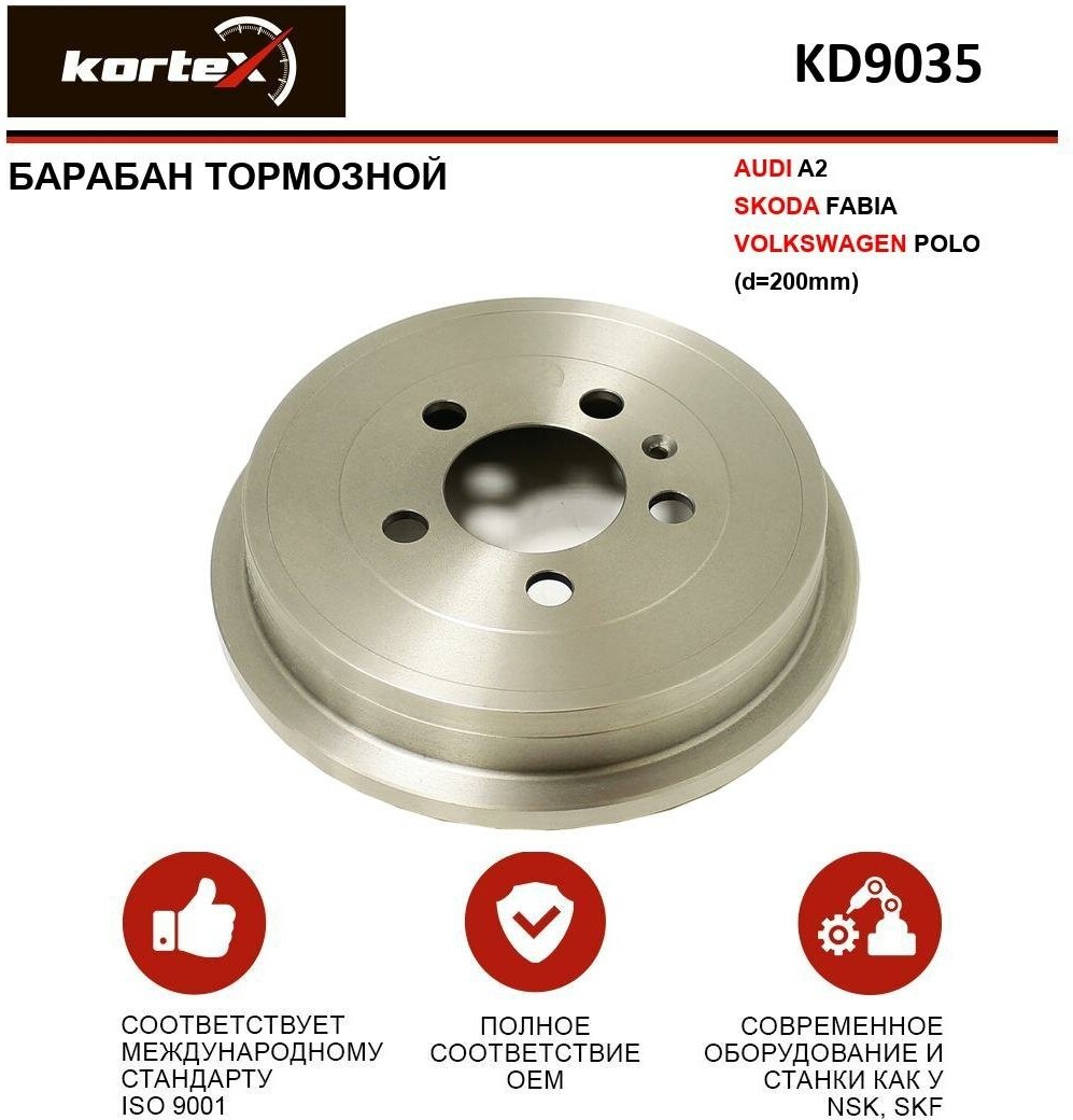 Тормозной барабан Kortex для Audi A2 / Skoda Fabia / Volkswagen Polo OEM 6Q0609617 6R0609617C KD9035