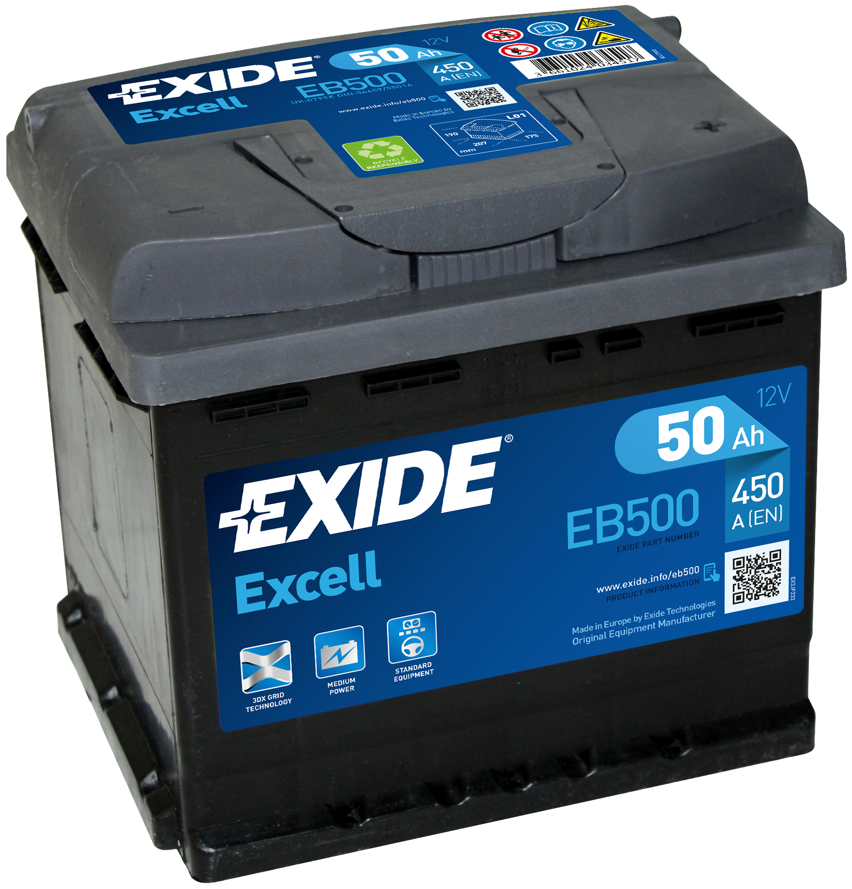 Акб 6ст- 50 Exide Excell (450а) О/П 207*175*190 EXIDE арт. EB500