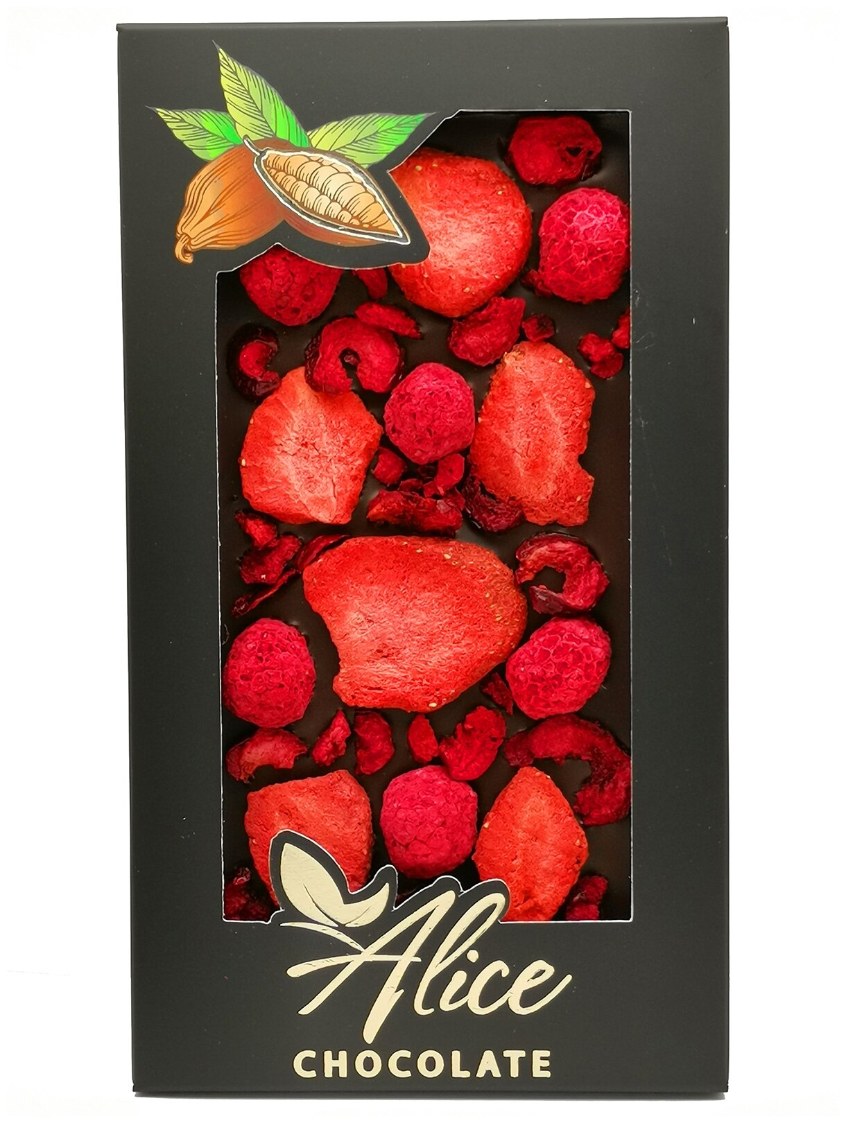 Шоколад ручной работы Alice Chocolate темный 54% с сублимированными ягодами клубники, малины и вишни, 100 гр - фотография № 1