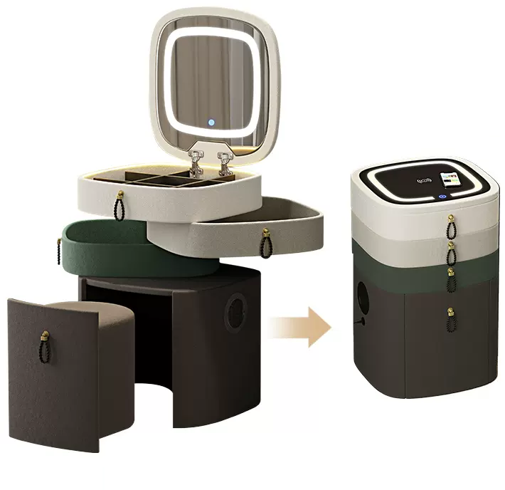 Туалетный столик трансформер квадратный с пуфиком и зеркалом (обивка технологическая ткань)