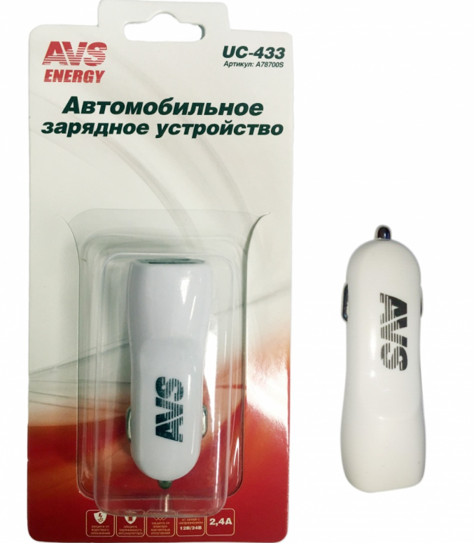 Зарядное устройство c 2-мя USB портами 1,2+1,2А автомобильное 12-24V AVS UC-433