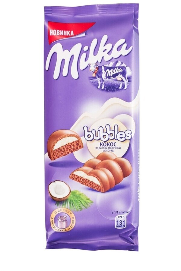 Шоколад Milka Bubbles Молочный пористый c кокосовой начинкой 92г - фото №4